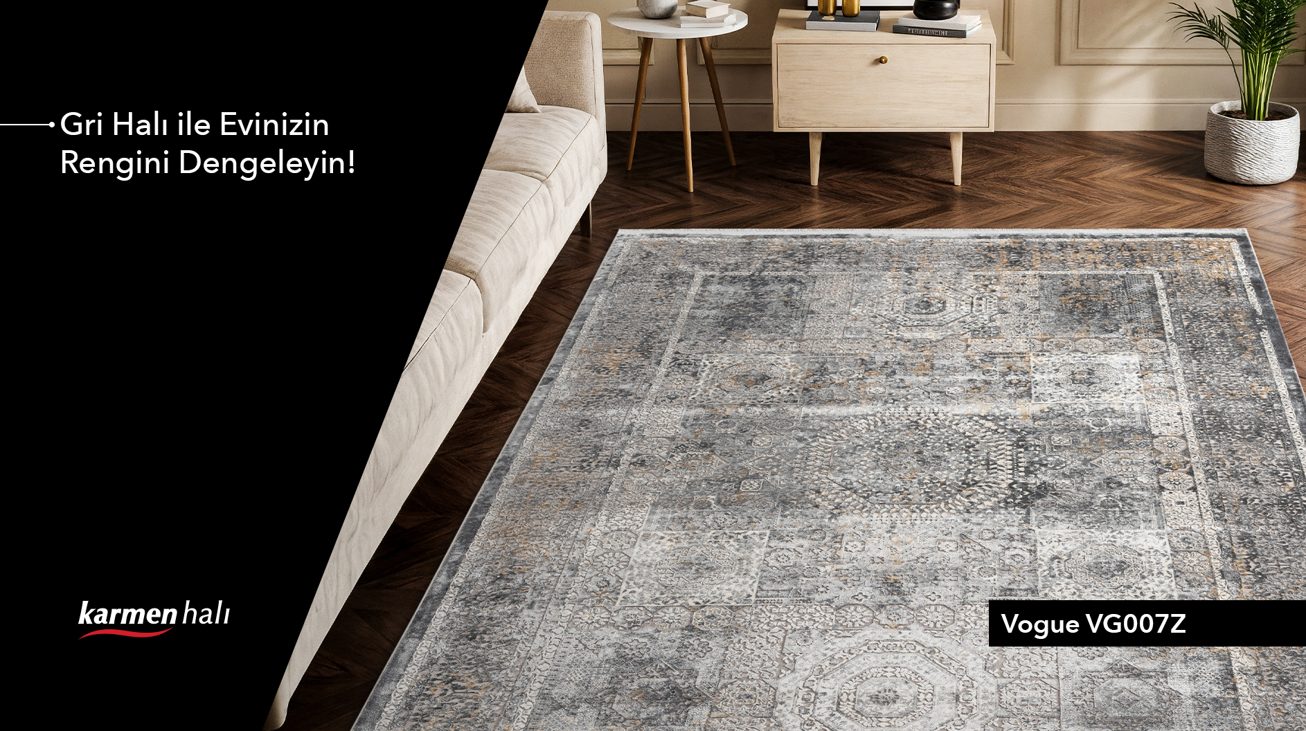 Modern salon dekorasyonunda düz gri halı kullanımı