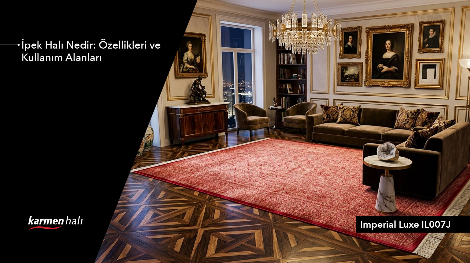 Modern salon dekorasyonunda zarafetiyle öne çıkan parlak halı ve ipek dokuma detayları