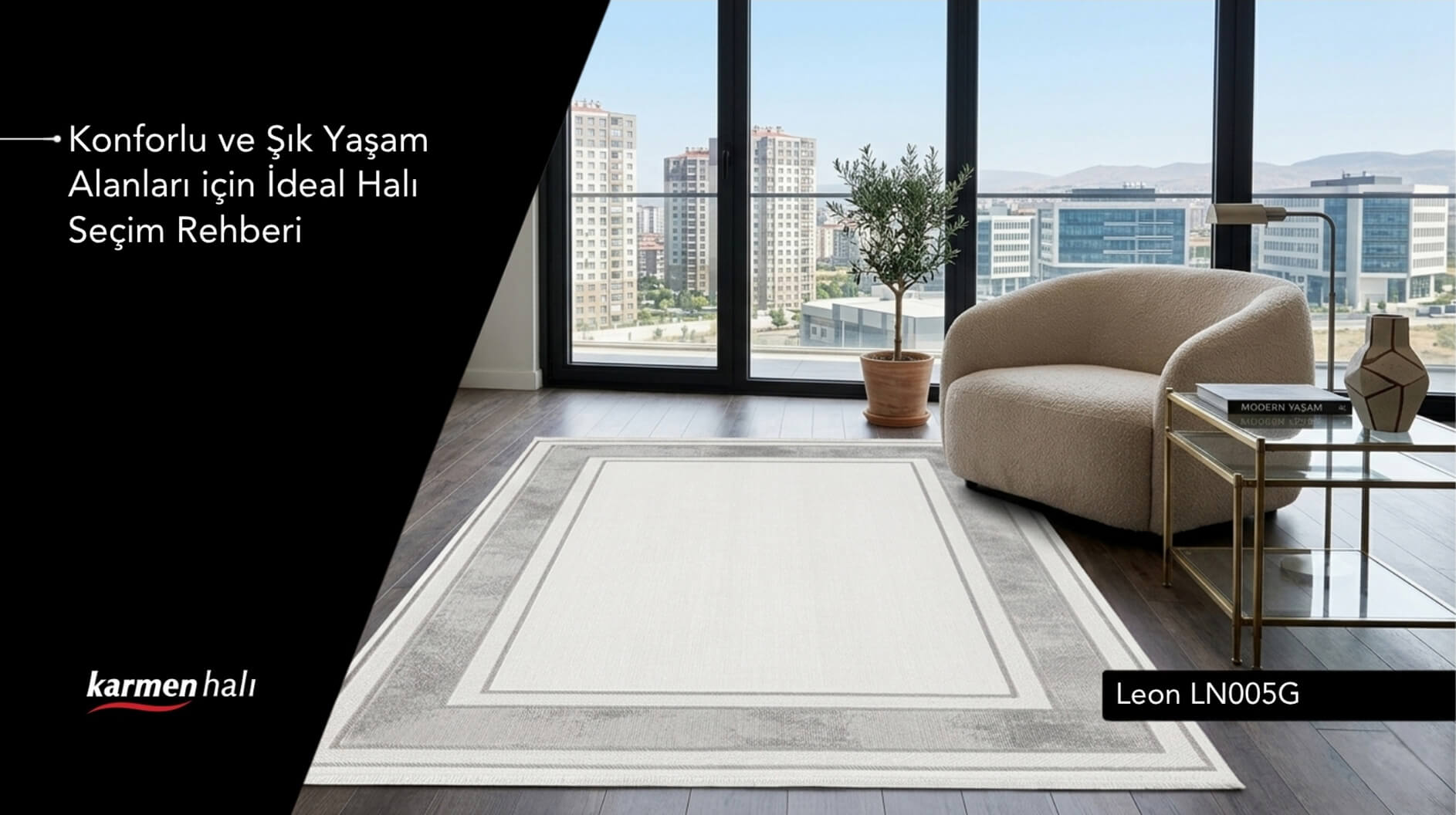 Modern salon dekorasyonunda mobilyalarla uyum sağlayan şık halı tasarımı