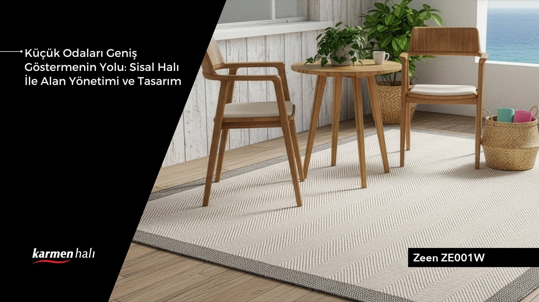 Küçük bir oturma odasında alanı geniş gösteren açık renkli sisal halı kullanımı