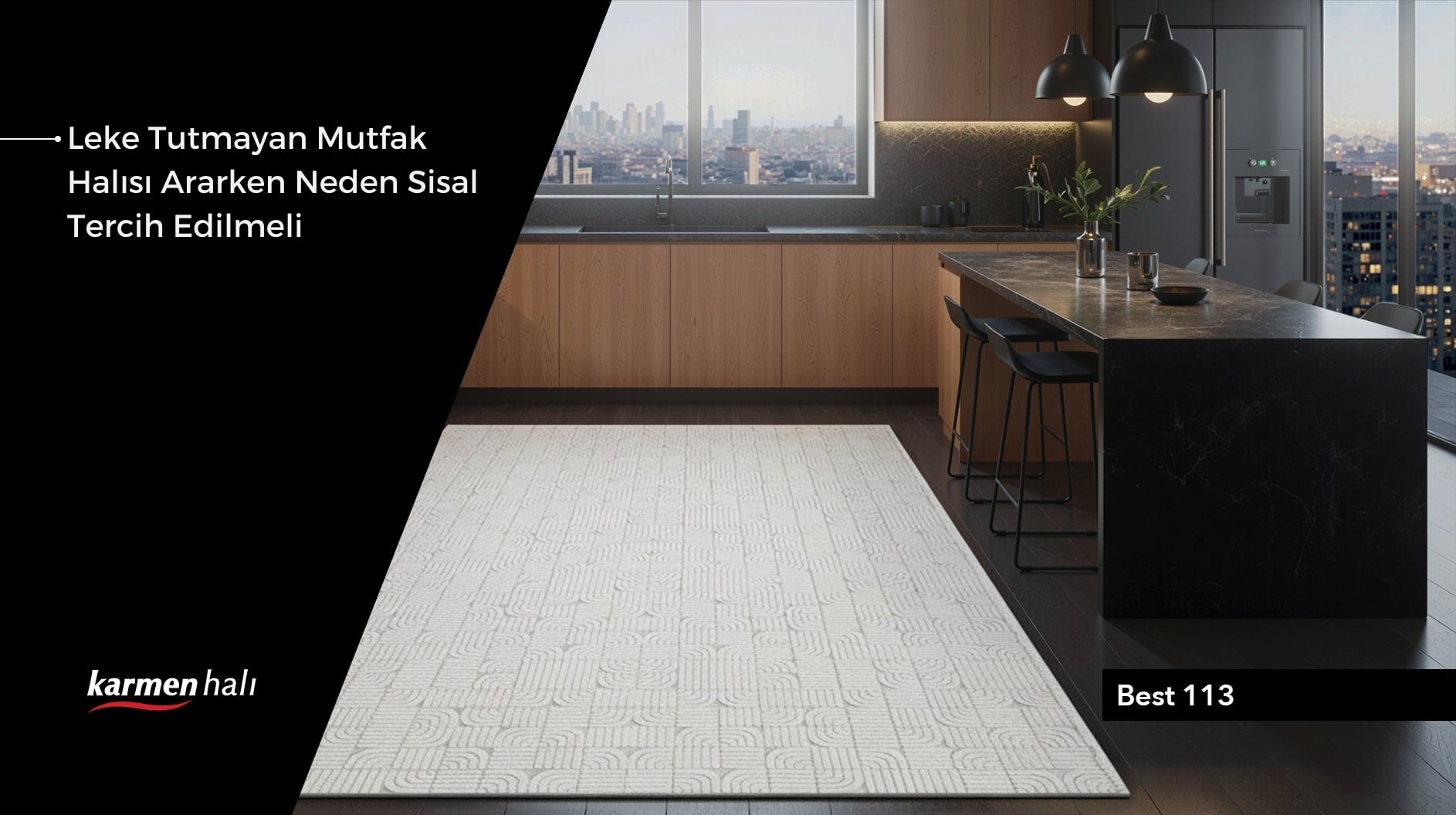 Mutfak zemininde kullanıma uygun leke tutmayan pratik sisal halı modeli