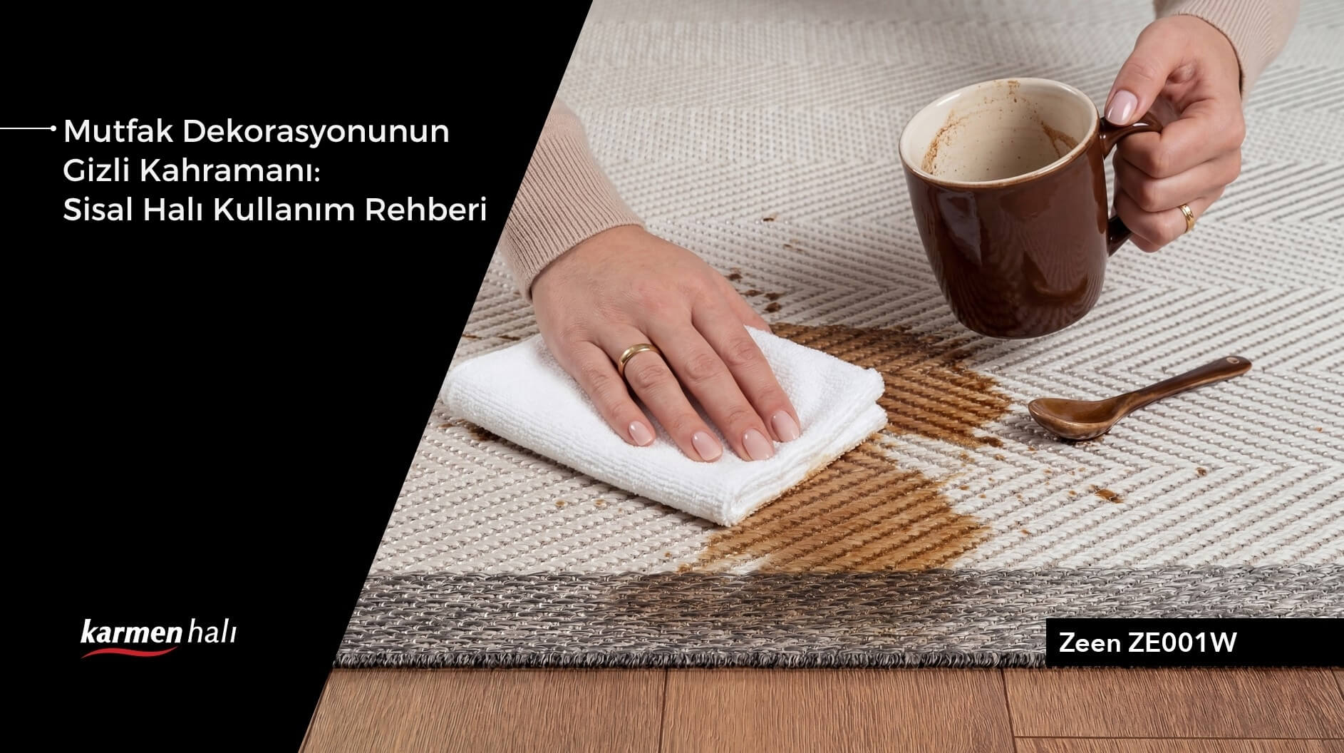 Modern bir mutfakta kullanılan leke tutmayan ve estetik sisal halı modeli