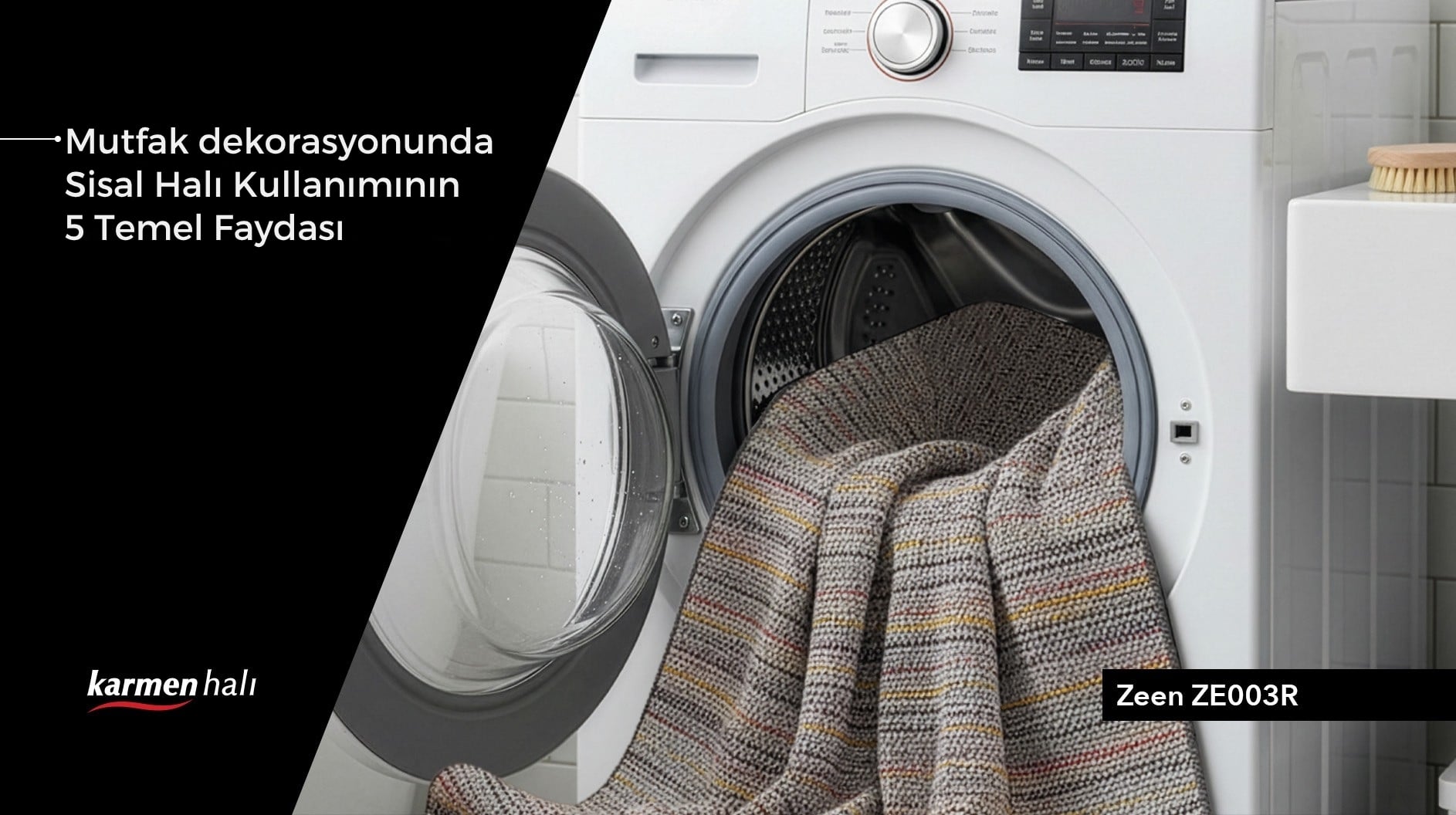 Modern bir mutfakta kullanılan leke dirençli ve estetik sisal halı modeli