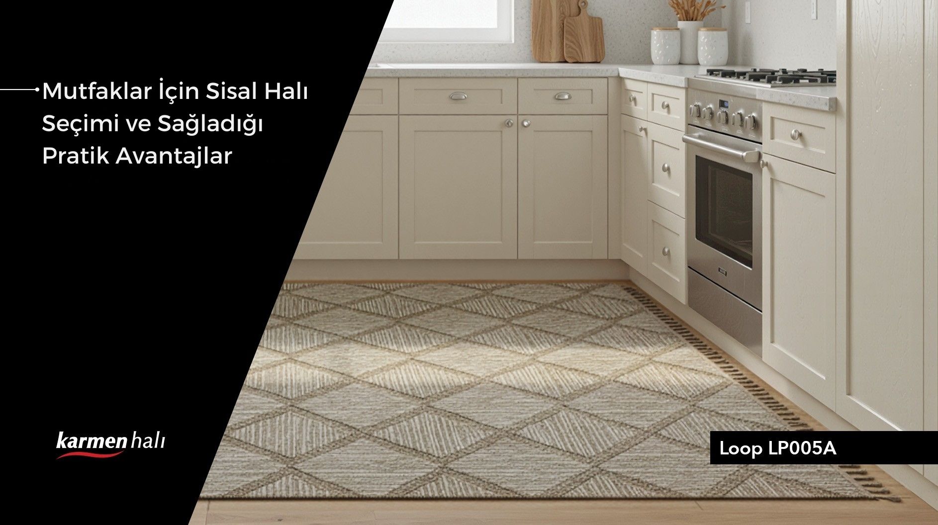 Mutfak dekorasyonuna uyum sağlayan dayanıklı sisal halı modeli