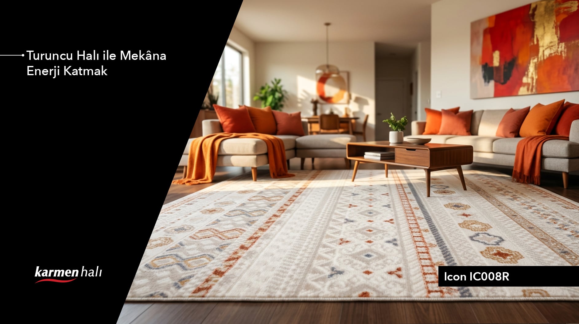 Nötr döşenmiş bir salonda odaya sıcaklık katan terracotta halı