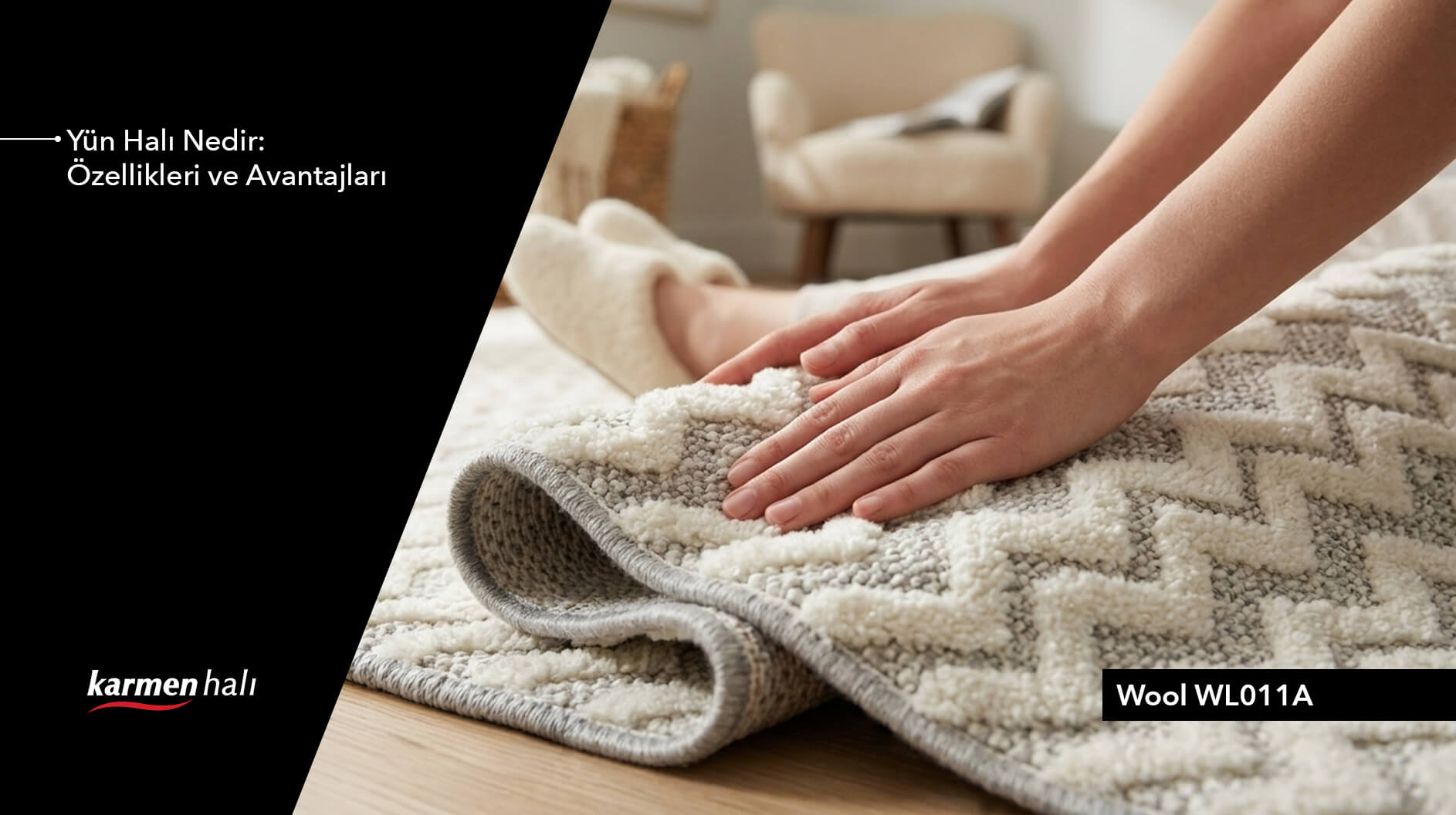 Doğal dokulu bej yün halı yakın çekim