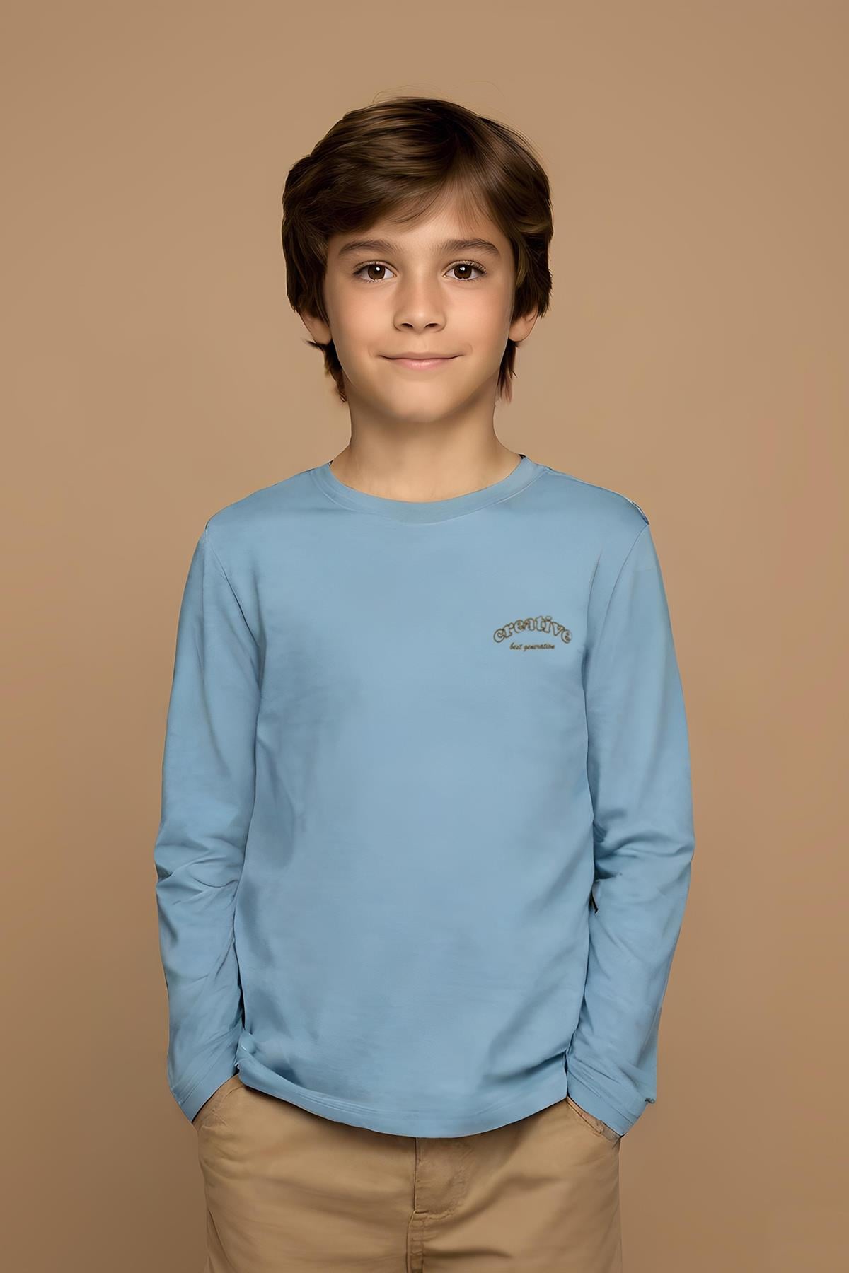 Bisiklet Yaka Uzun Kollu Erkek Çocuk Mavi Tişört