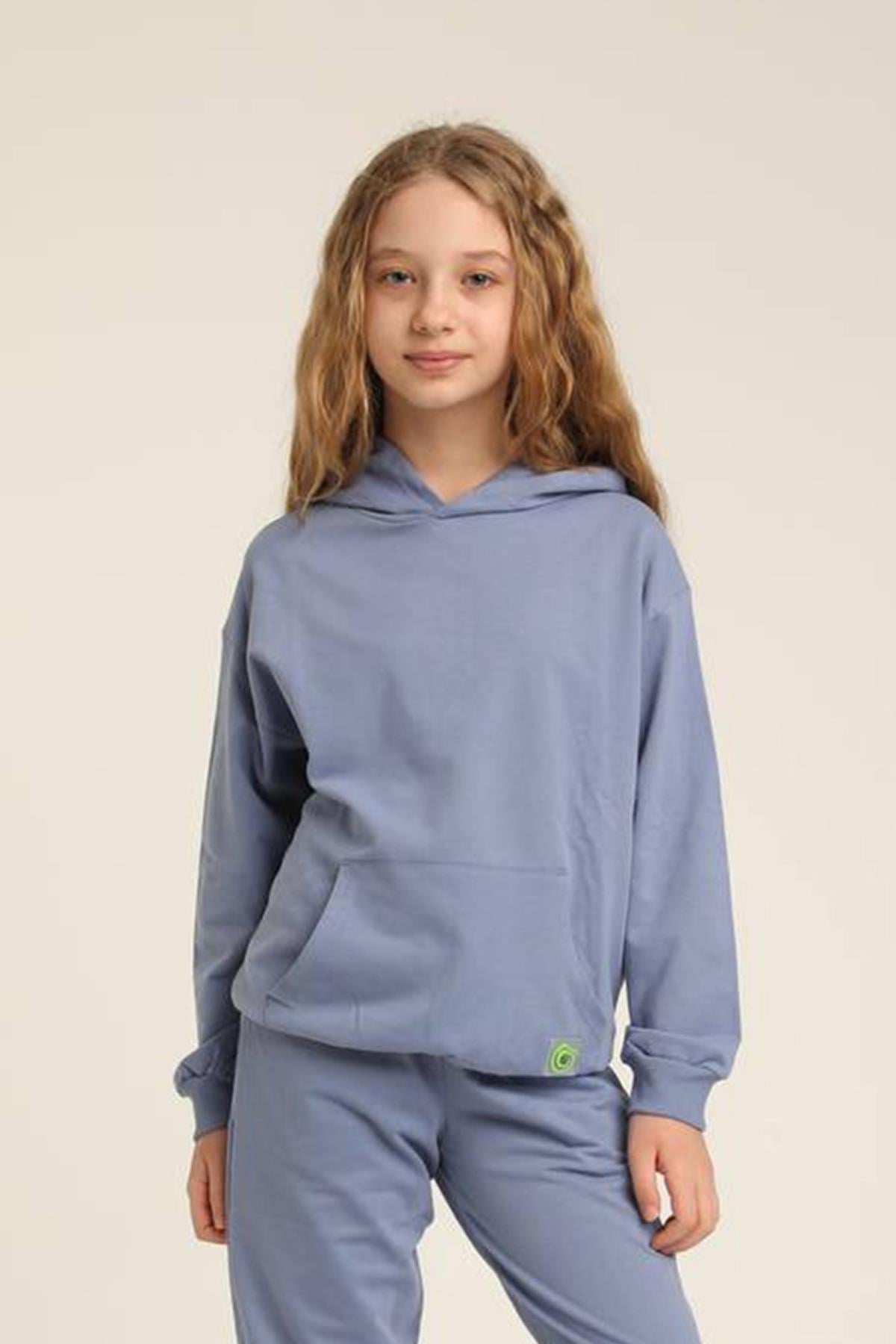 Uthar Koloni Mavi Pamuklu Kapşonlu Kız Çocuk Sweatshirt