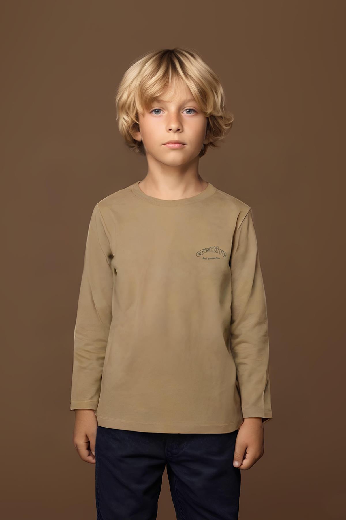 Bisiklet Yaka Uzun Kollu Erkek Çocuk Haki Tişört