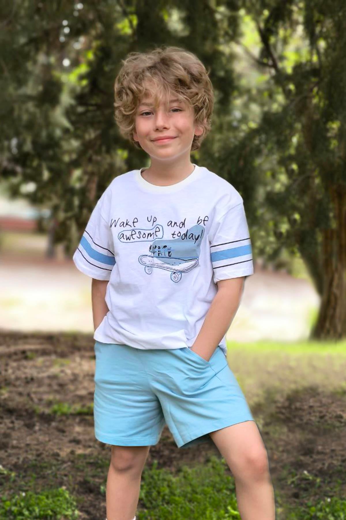 Solid Pamuklu Cepli Erkek Çocuk Mavi Şort