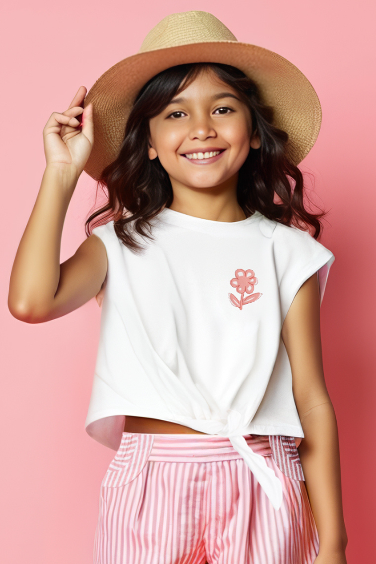 Antra Ekru Pembe Beyaz Çiçek Baskılı Pamuklu Kız Çocuk Tshirt