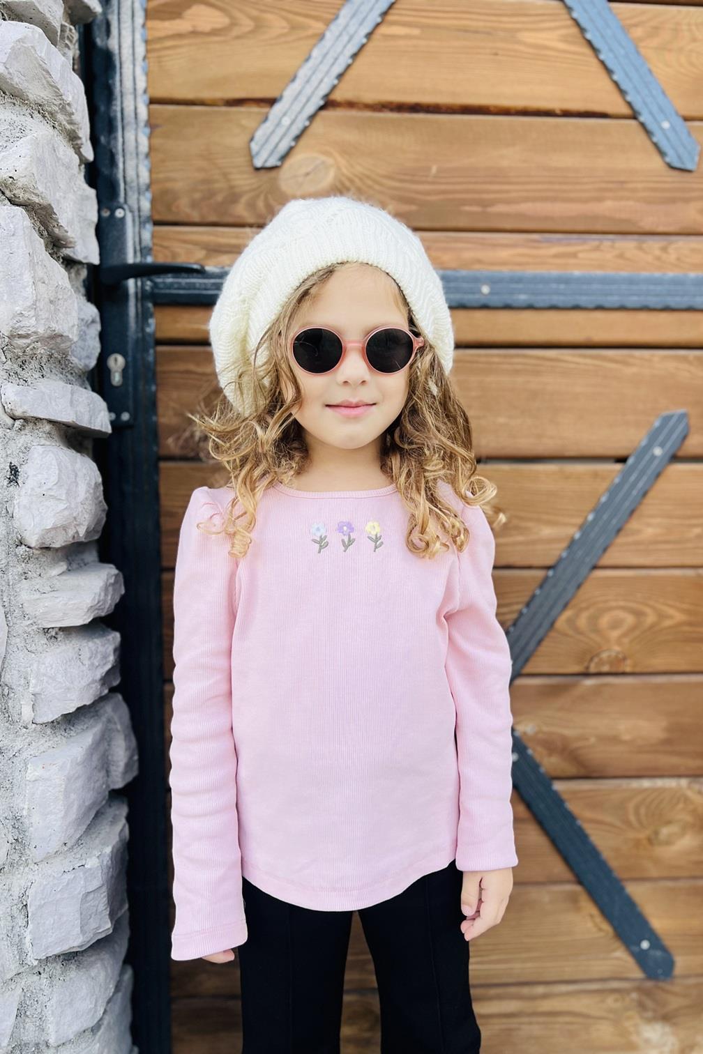 Uzun Kollu Kaşkorse Nakışlı Kız Çocuk Pembe Tshirt