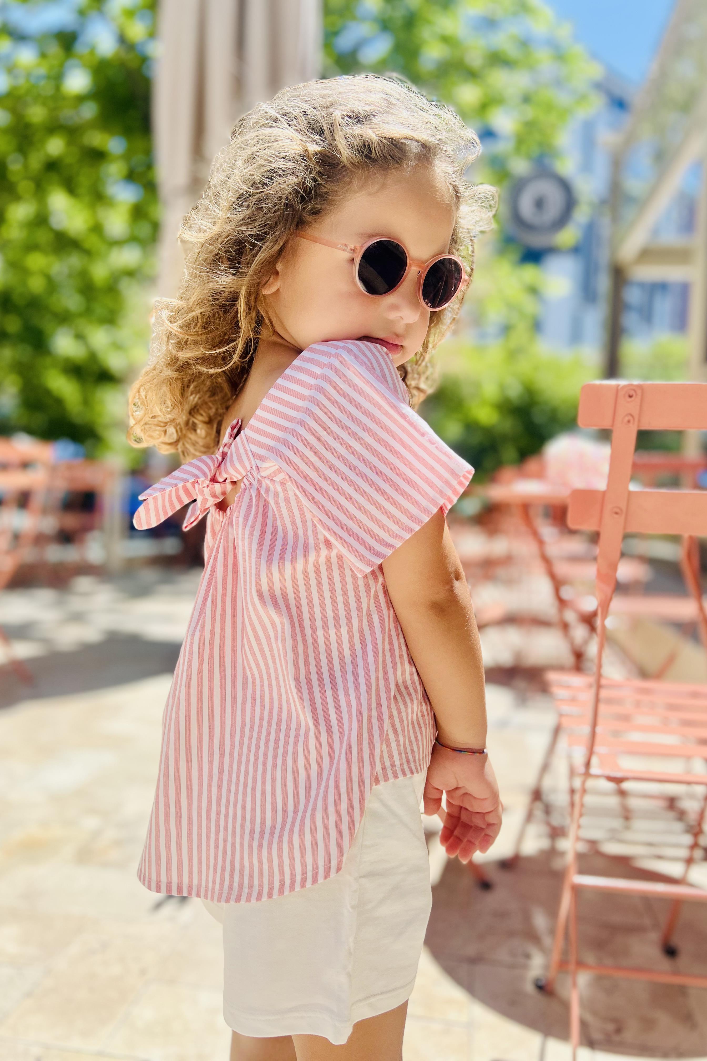Pembe Çizgili Fiyonk Detaylı Kız Çocuk Bluz