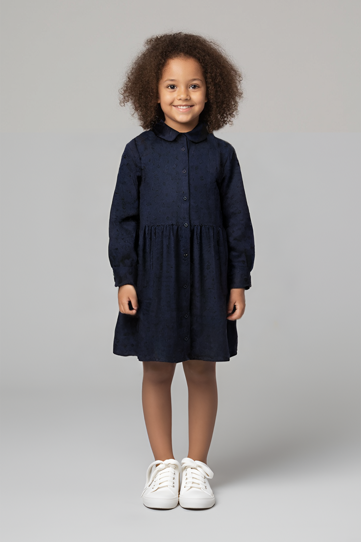 Uzun Kollu Dokuma Düğmeli Lacivert Elbise 