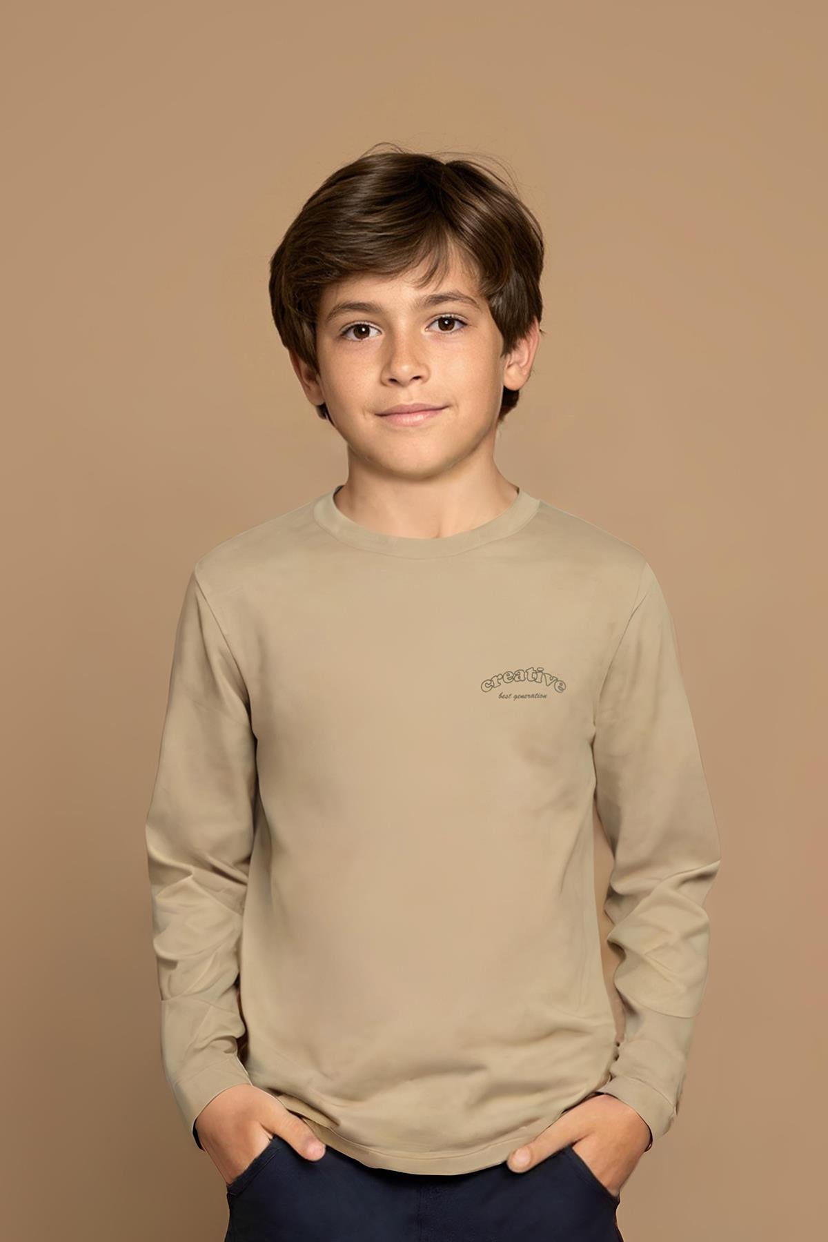 Bisiklet Yaka Uzun Kollu Erkek Çocuk A.Bej Tişört