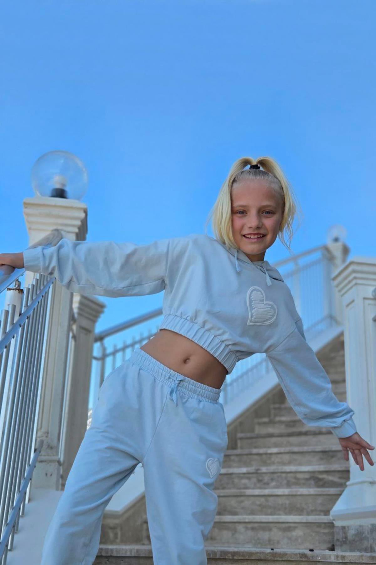 Gro Mavi Pamuklu Kız Çocuk Crop Sweatshirt Eşofman Altı 2li Takım