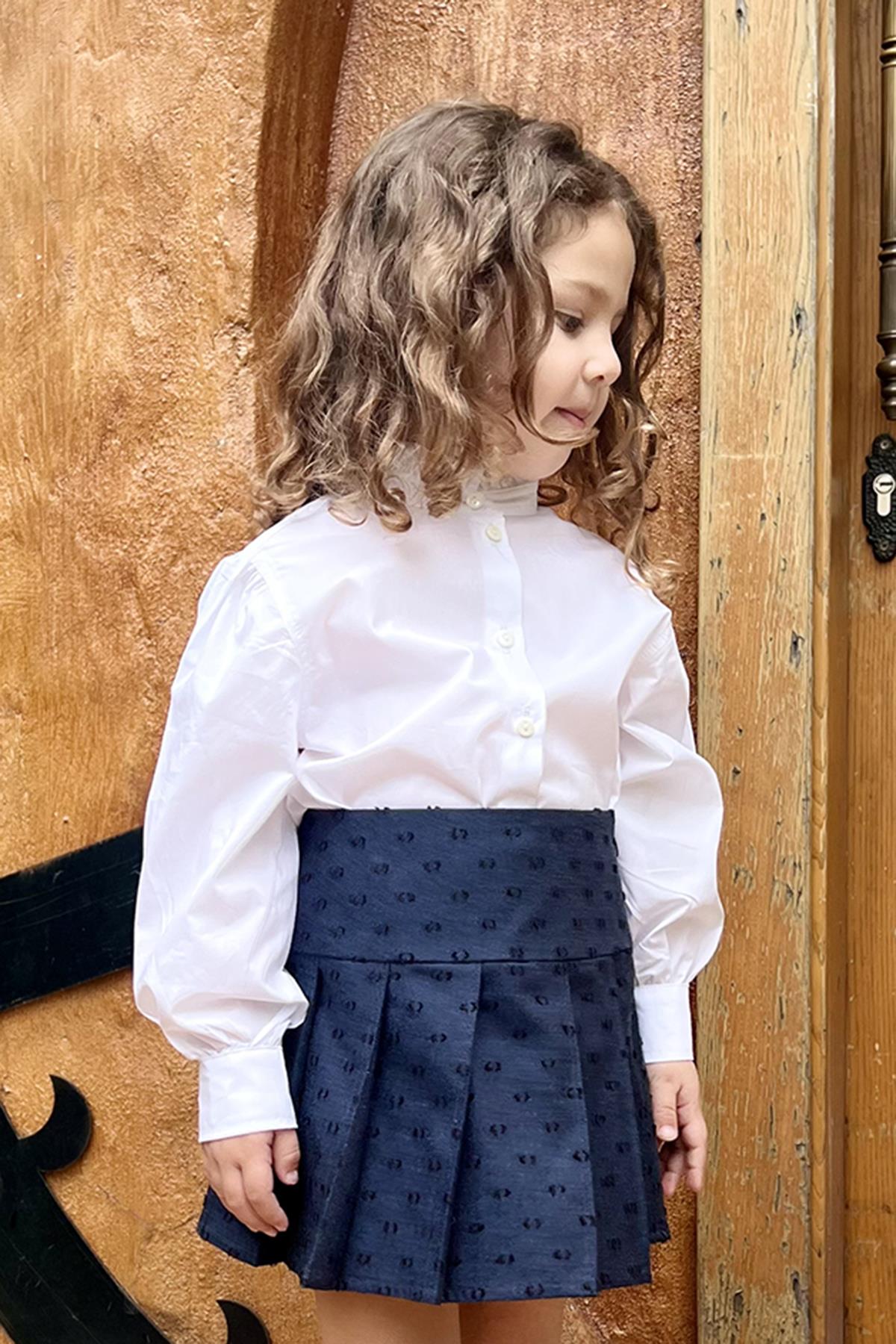 Kız Çocuk Poplin Uzun Kol Fırfır Yakalı Beyaz Gömlek 