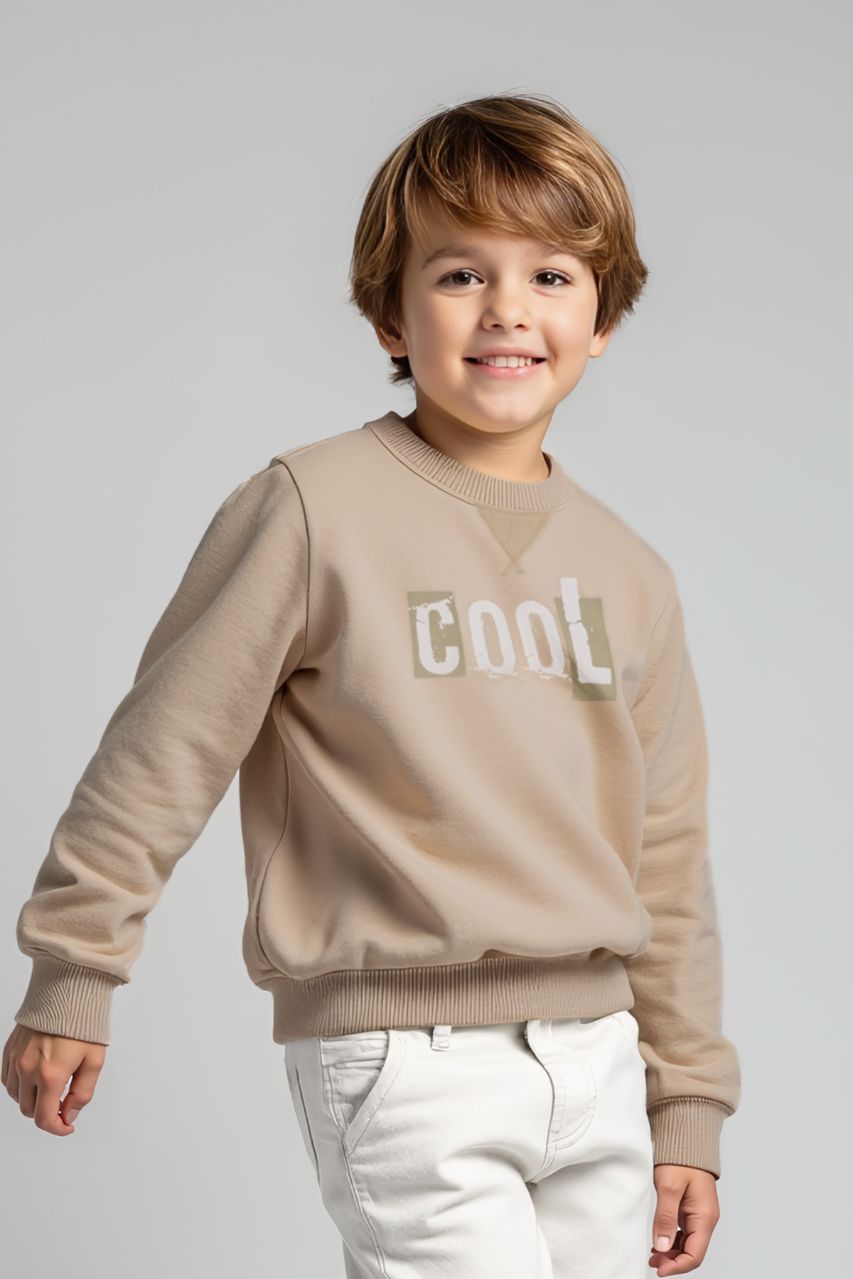 Fersa Taş Rengi Baskılı Pamuklu Erkek Çocuk Sweatshirt