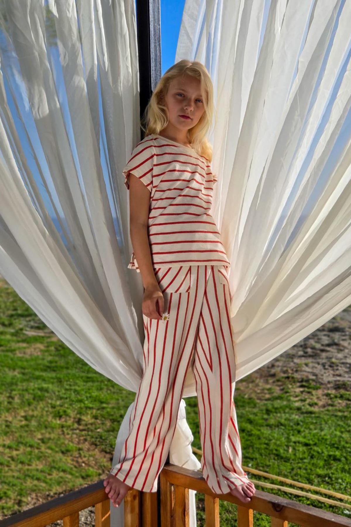 Liso Kırmızı Çizgili Lastikli Kız Çocuk Pantolon