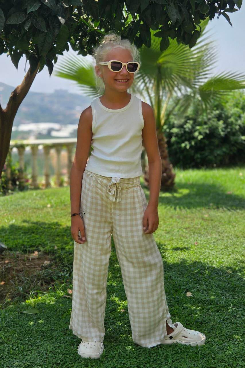 Diyohen Bej Ekoseli Kız Çocuk Pantolon