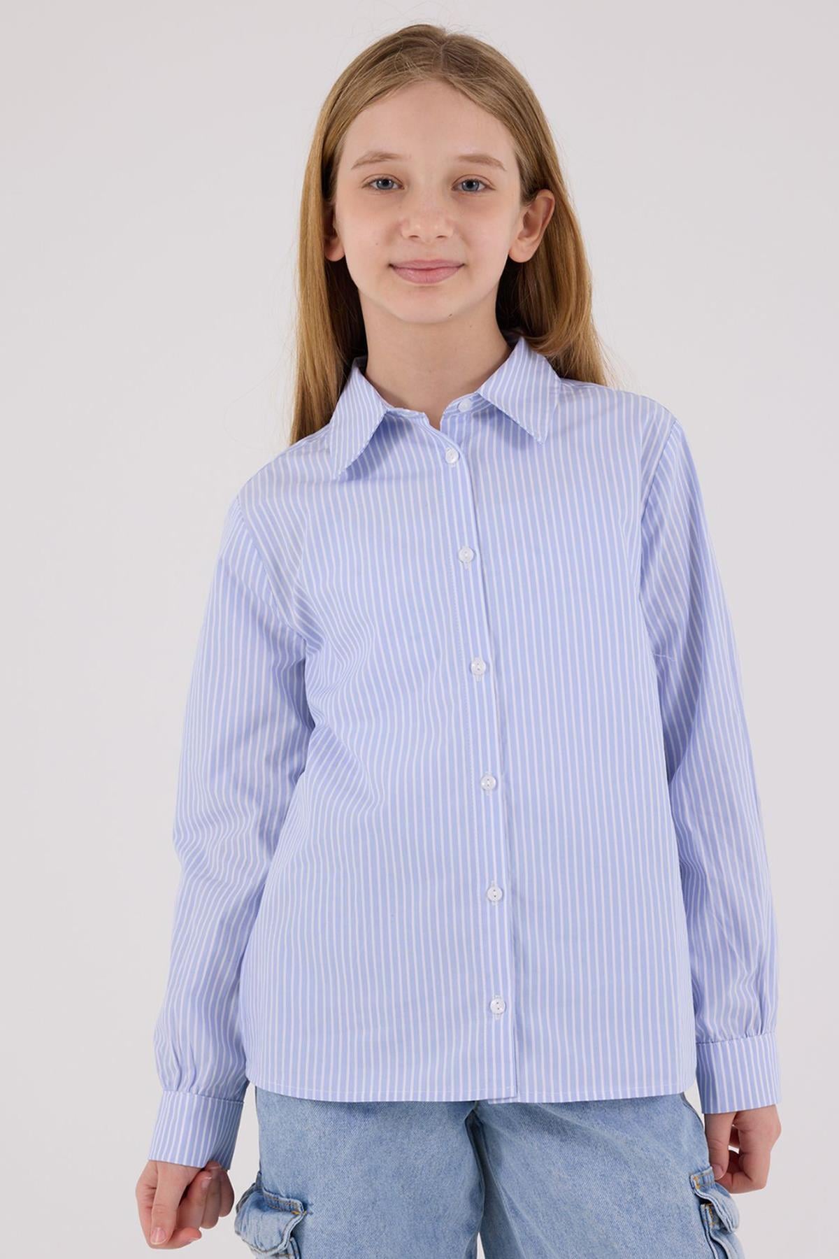 Kız Çocuk Poplin Uzun Kollu Mavi Çizgili Gömlek