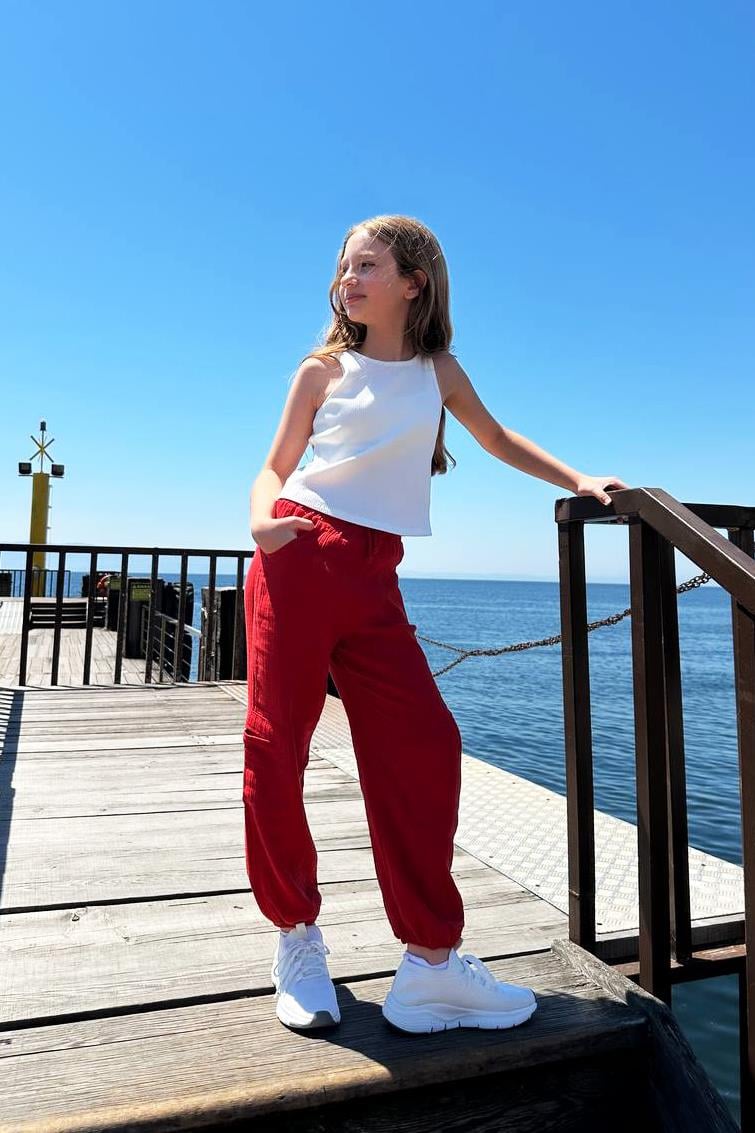 Varsi Kırmızı Çizgili Kız Çocuk Pantolon