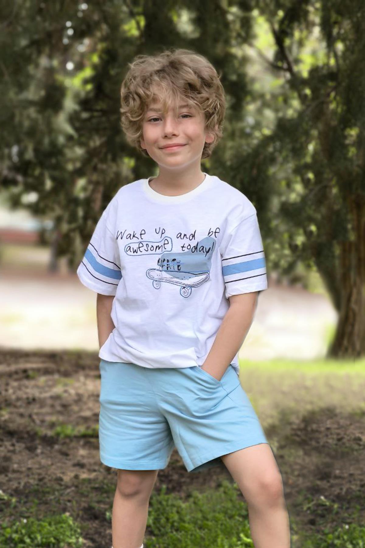 Solid Pamuklu Cepli Erkek Çocuk Mavi Şort