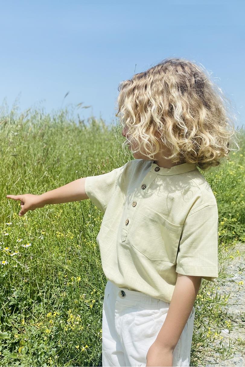 Nacho Taş Rengi Yakasız Keten Erkek Çocuk Gömlek