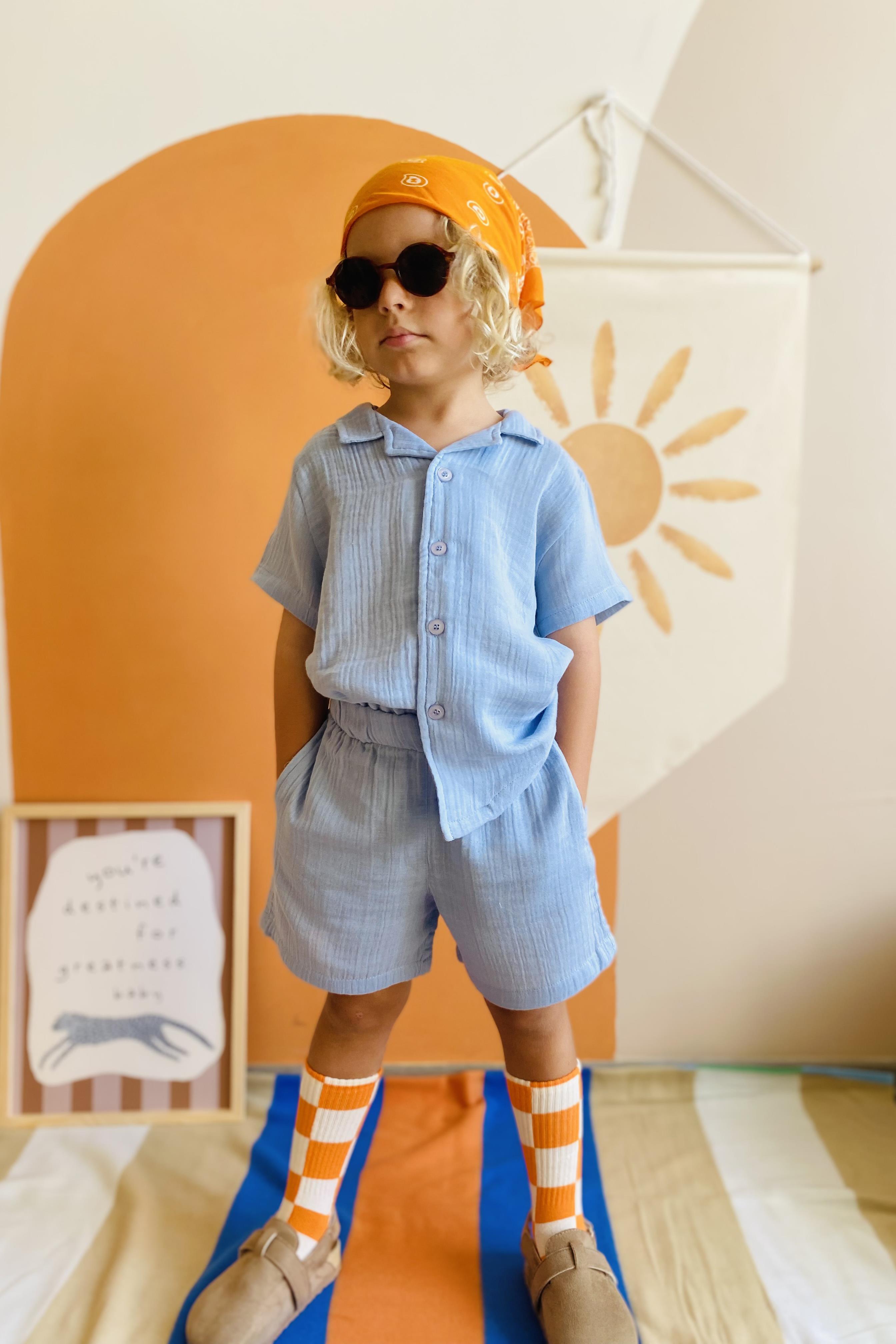 Nate Açık Mavi Muslin Erkek Çocuk Şort Gömlek 2'li Takım 