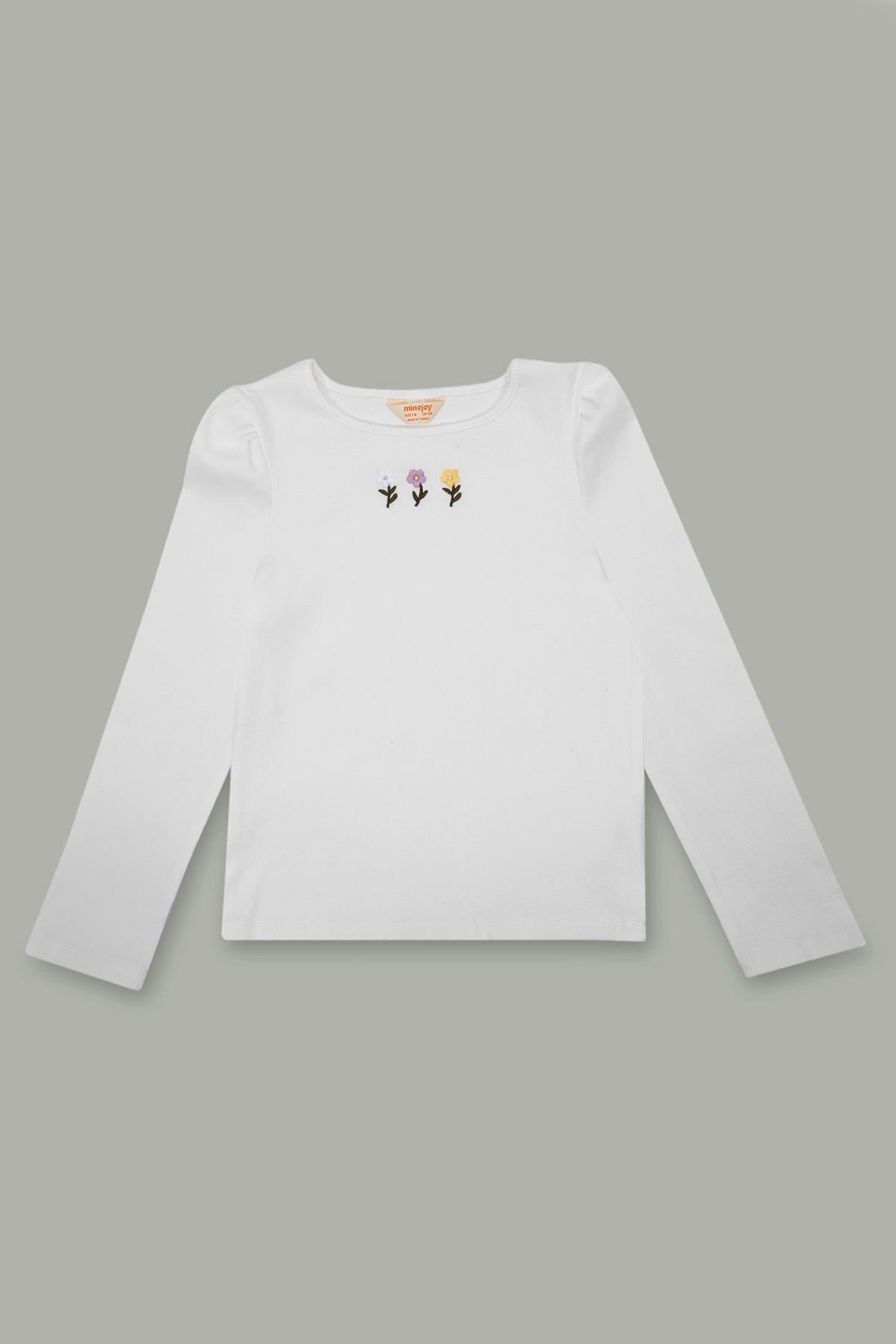 Uzun Kollu Kaşkorse Nakışlı Kız Çocuk Beyaz Tshirt