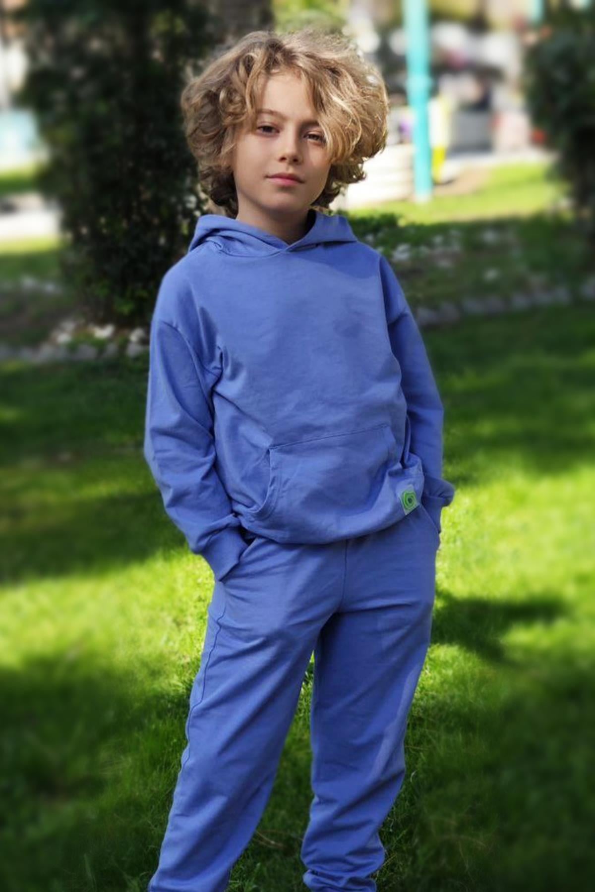Uthar Koloni Mavi Pamuklu Kapşonlu Erkek Çocuk Sweatshirt