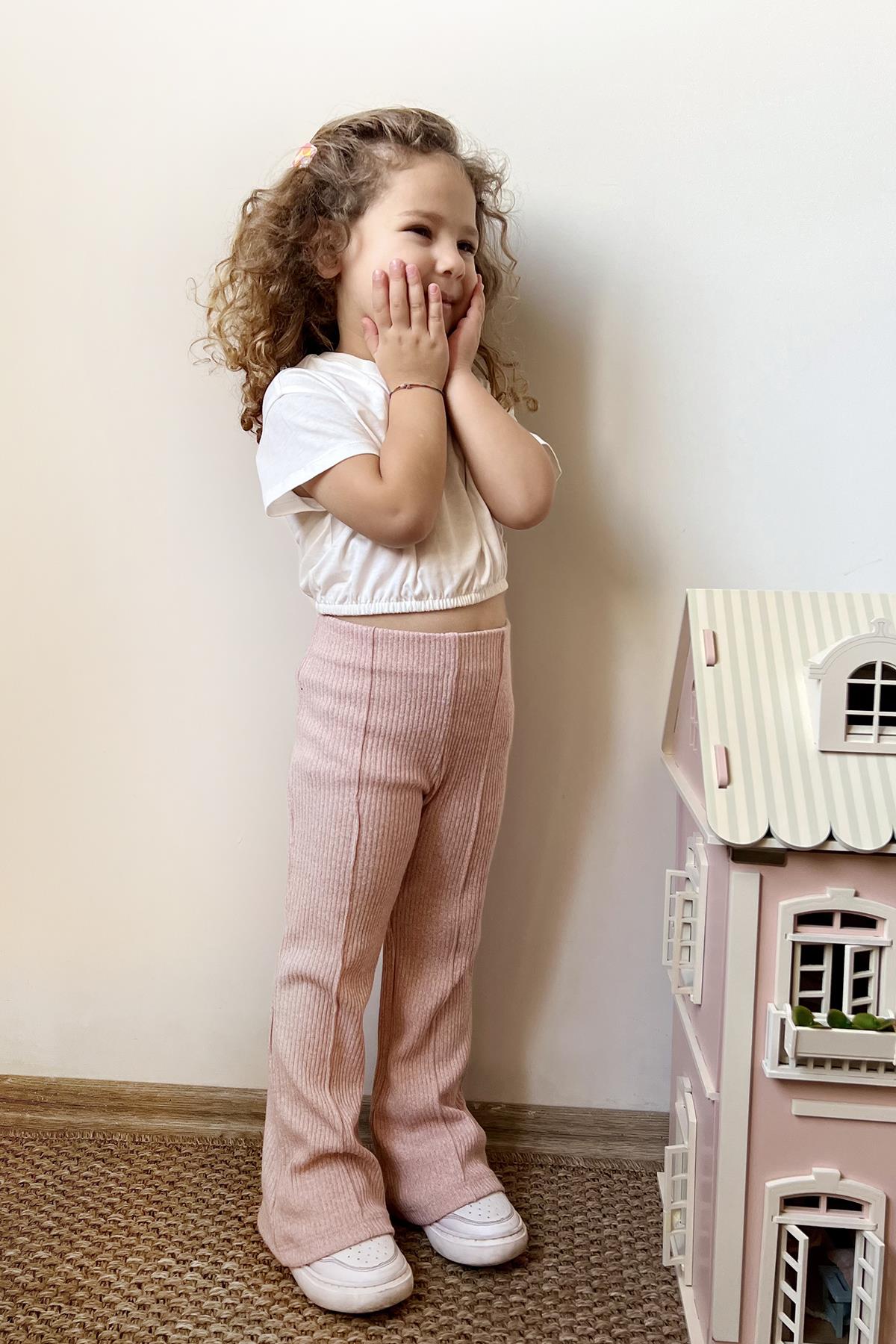 Flare Fitilli İspanyol Paça Kız Çocuk Açık Pembe Pantolon