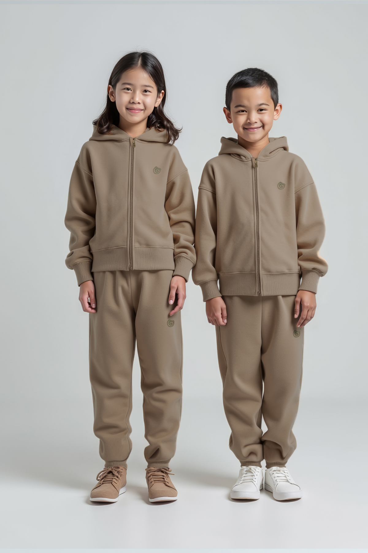 Harves Zeytin Gri Pamuklu Fermuarlı Çocuk Sweatshirt Jogger 2'li Takım