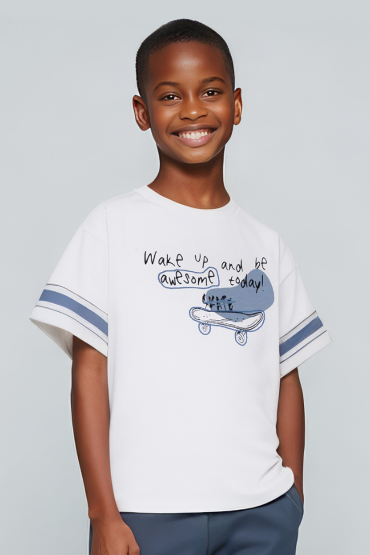 Matthew Ekru Mavi Baskılı Pamuklu Oversize Erkek Çocuk Tshirt