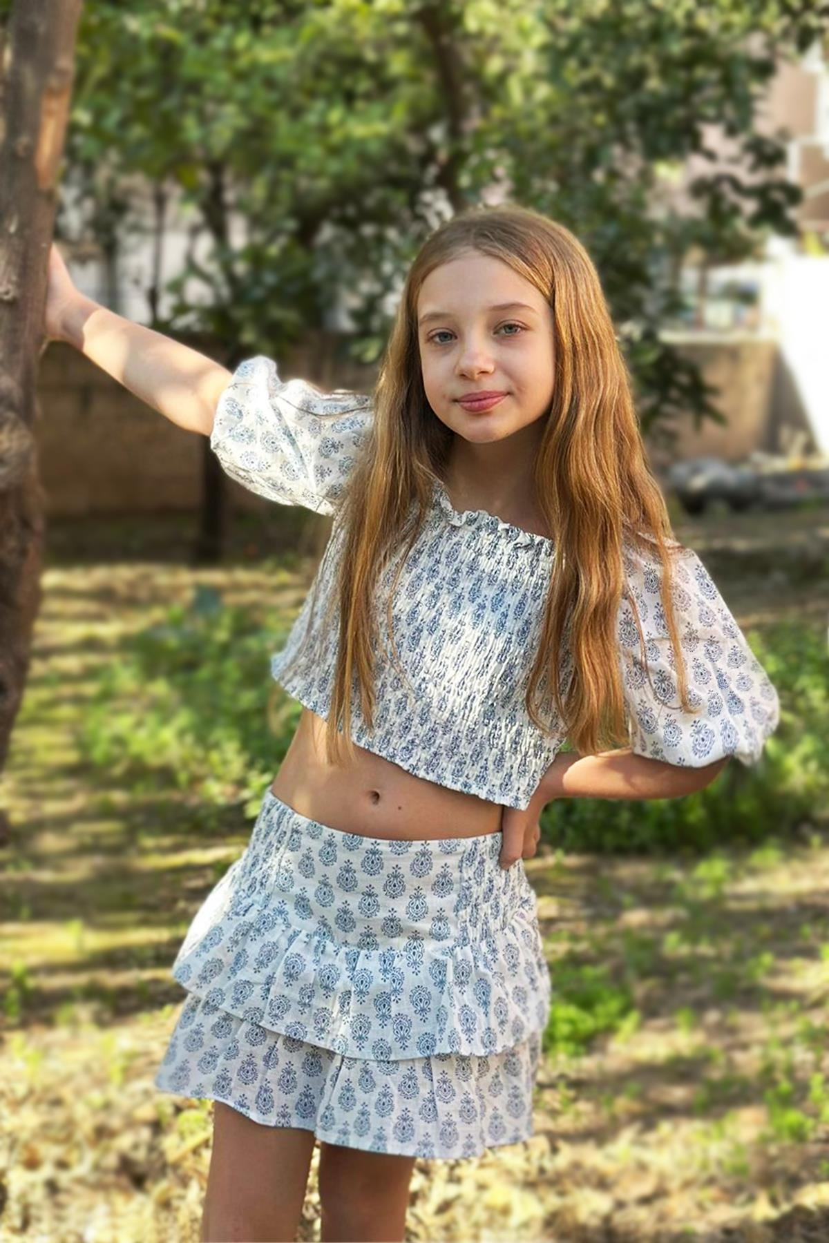 Morocco Mavi Pamuklu Kız Çocuk Bohem Etek