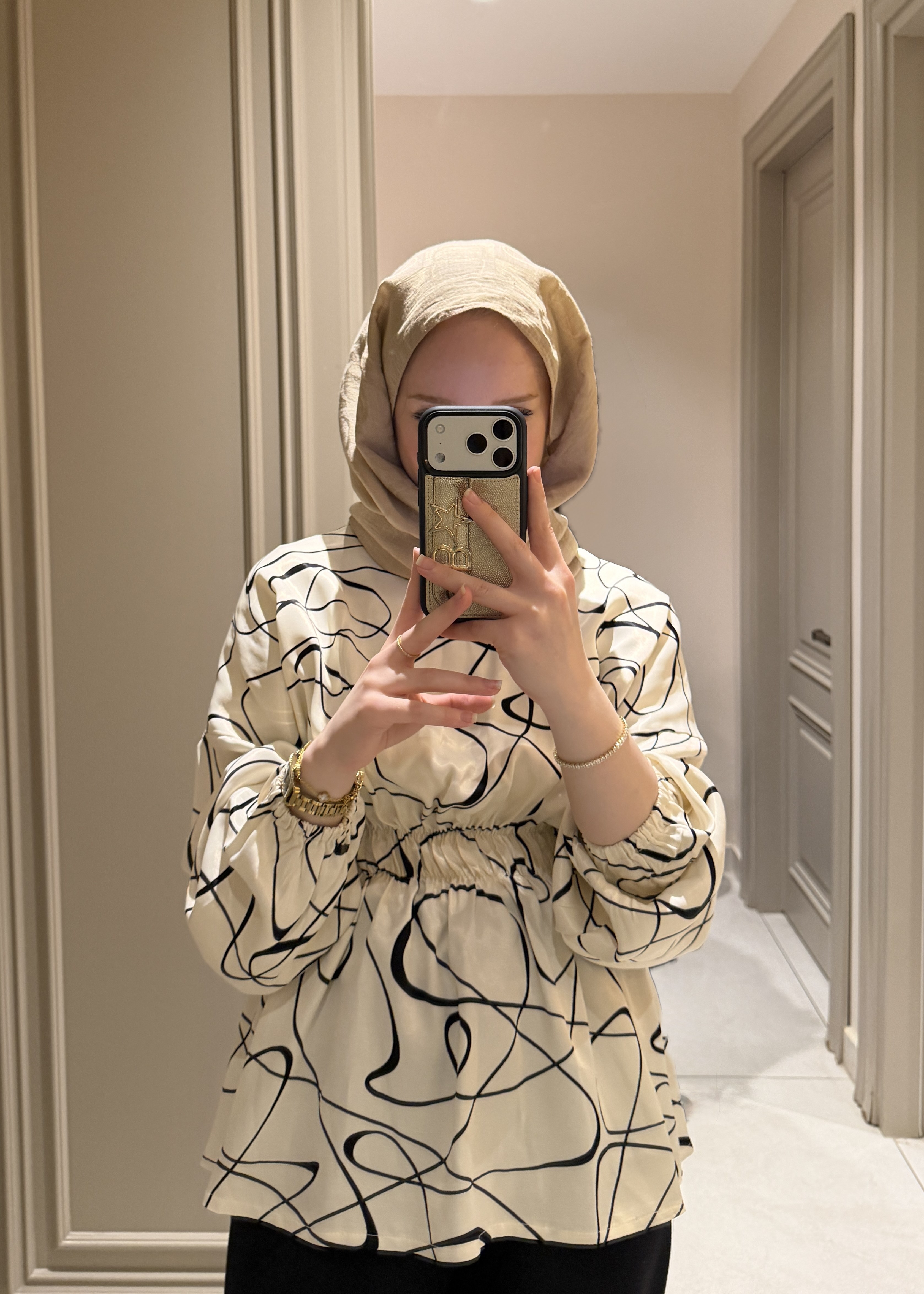 Premium Bluz Bej Desenli