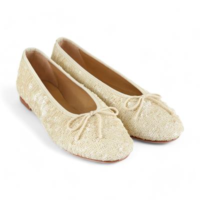 Paris - Ekru Payet İşlemeli Kumaş Babet Ayakkabı