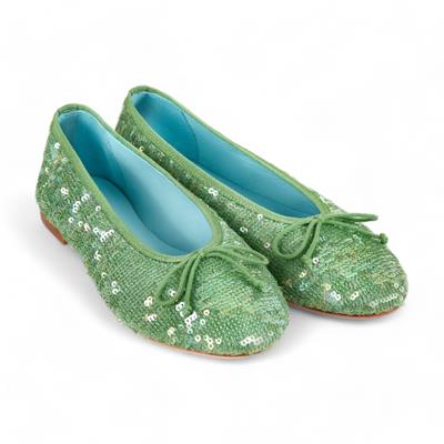 Paris - Yeşil Payet İşlemeli Kumaş Babet Ayakkabı