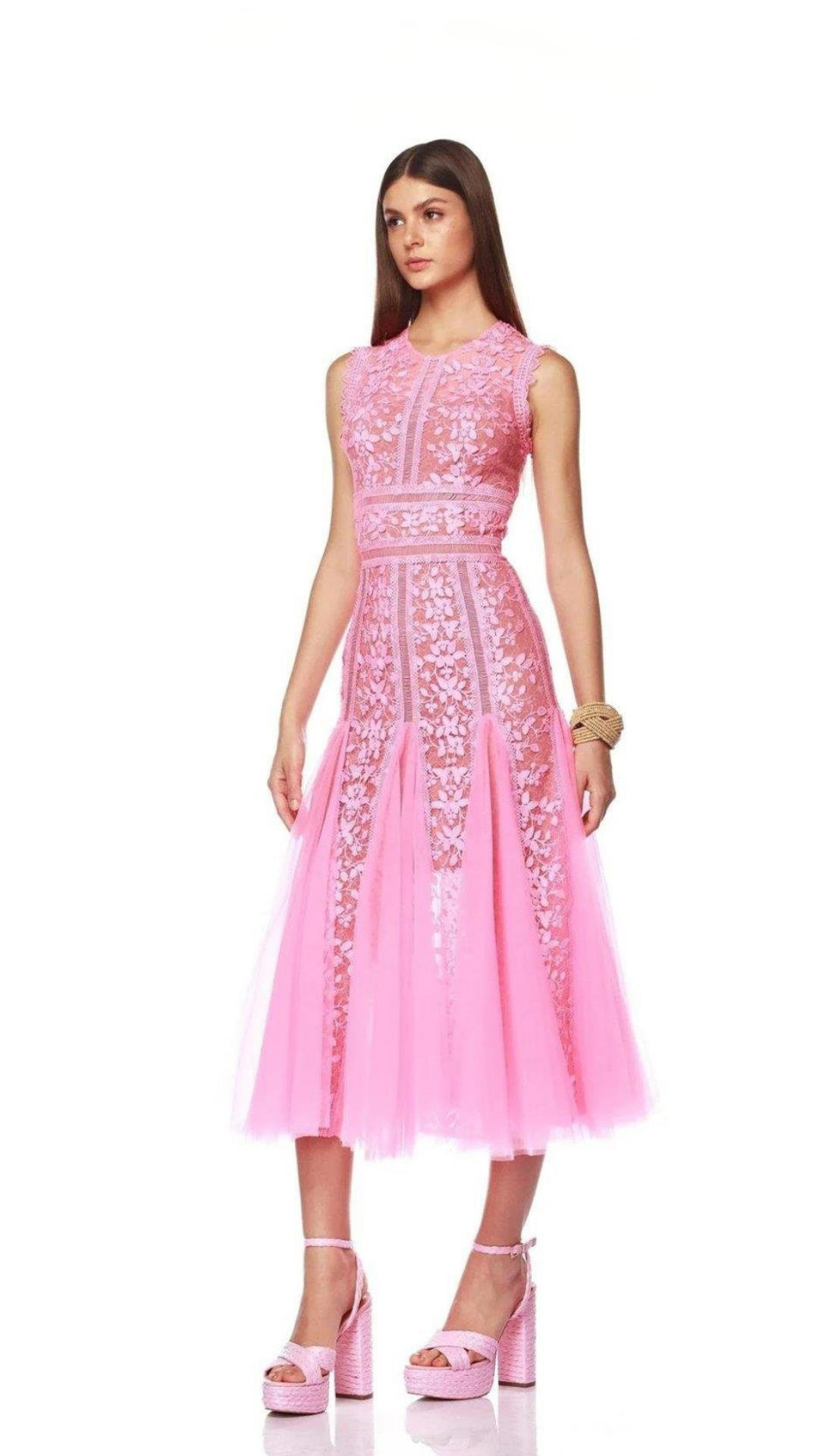 Pembe Midi Boy Halter Yaka Dantel Elbise