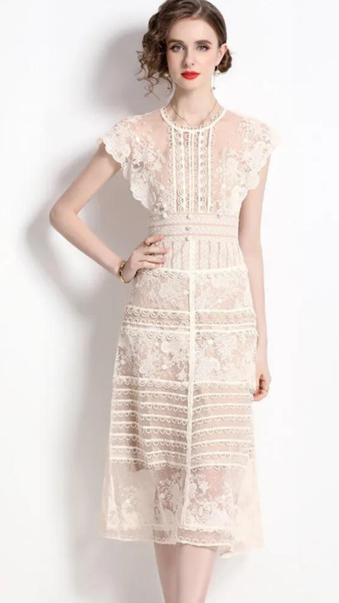 Krem  Midi Boy Halter Yaka Dantel Elbise