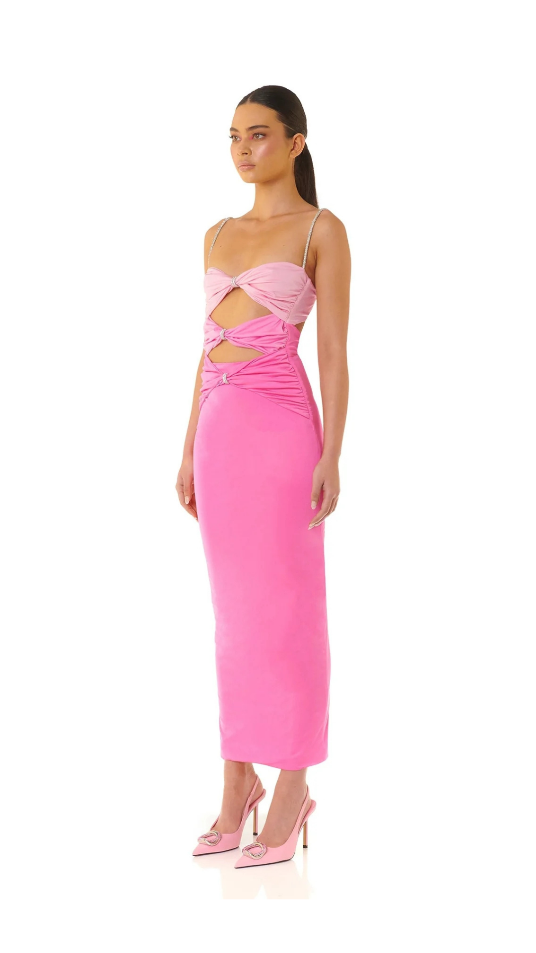Pembe Midi Boy Kristal Taşlı Elbise