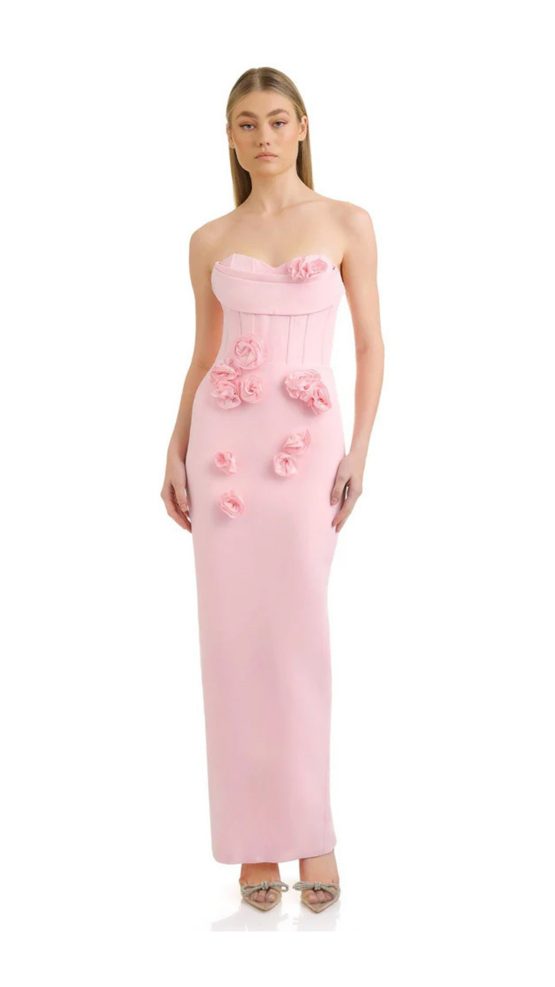 Pembe Straplez Model Gül Detaylı Elbise