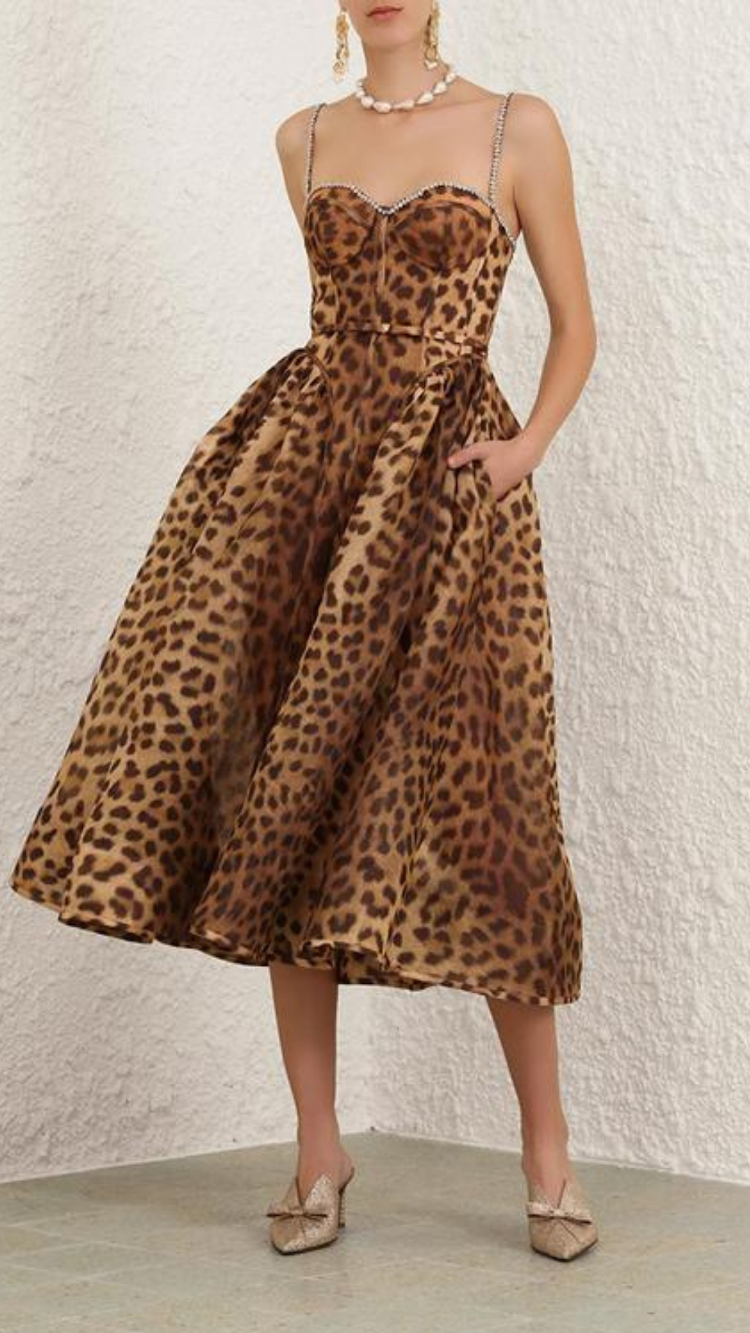 Tasarım Kristal Taş Askılı Korse Model Leopar Elbise