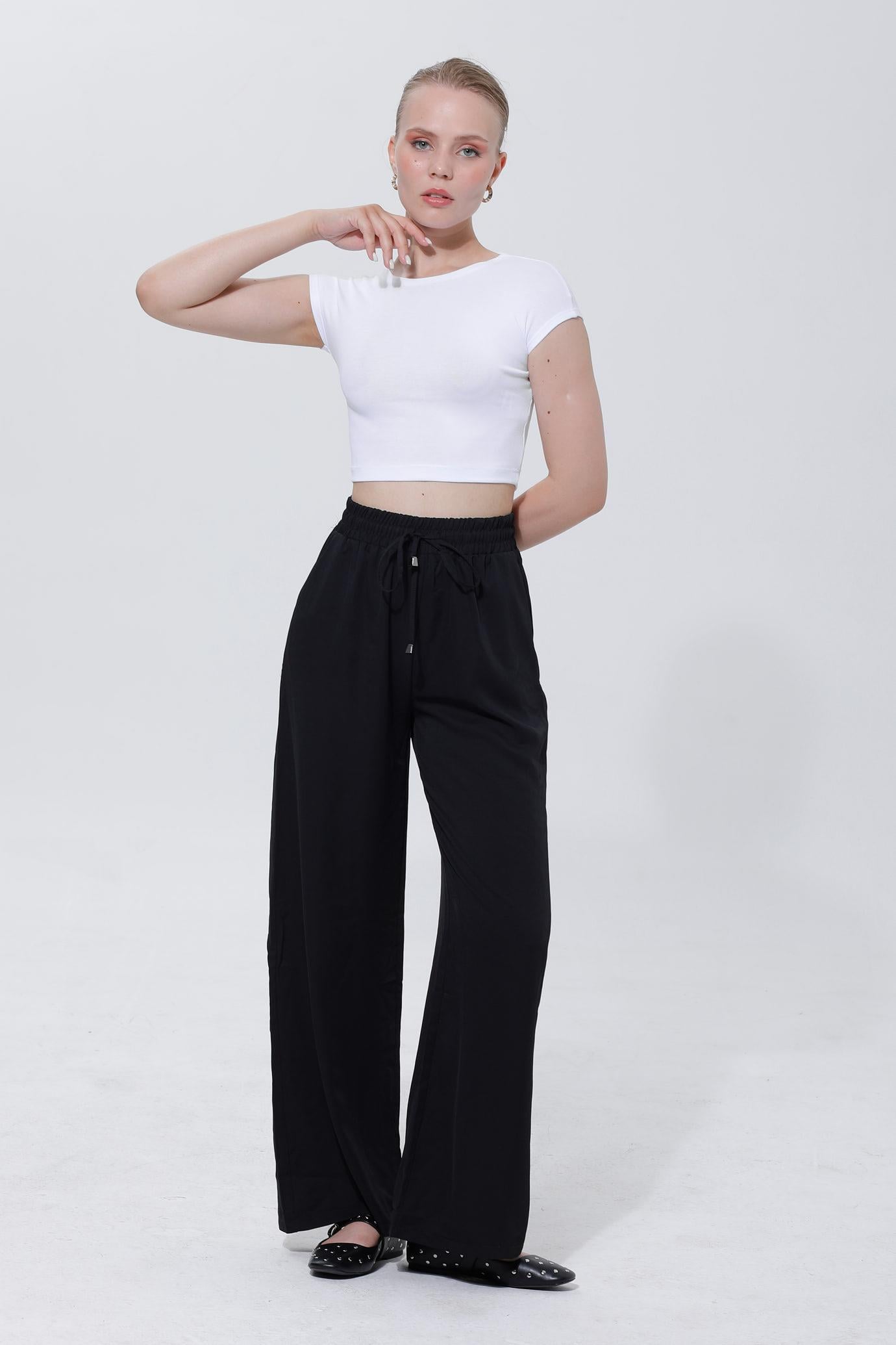 LASTİKLİ PAMUK TOP PANTOLON - SİYAH