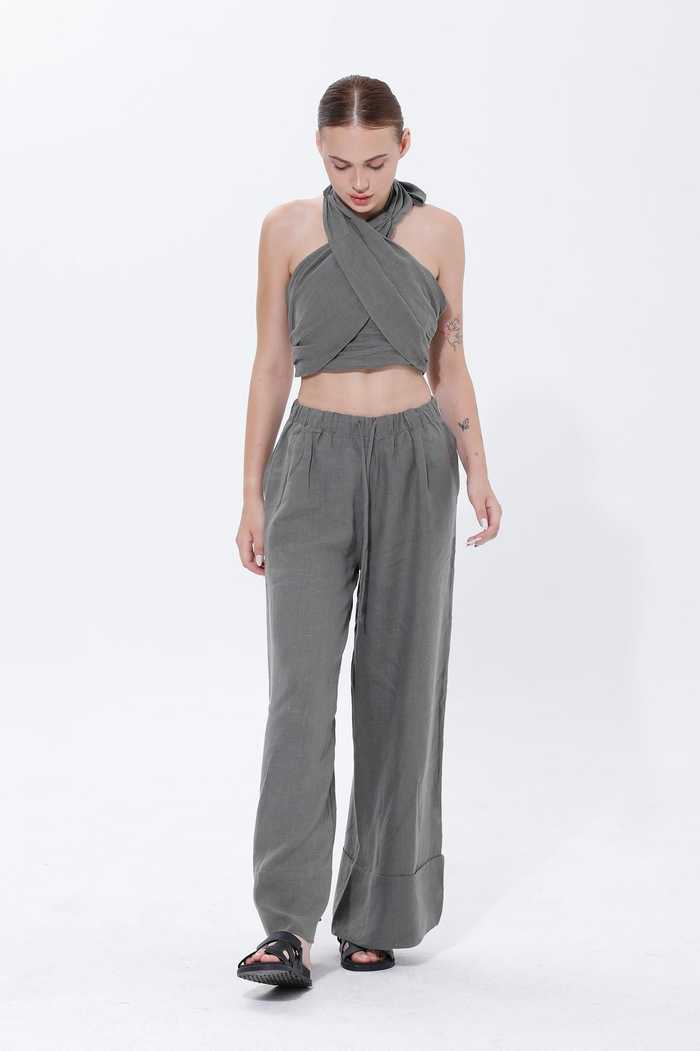 MOİRA KETEN CROP PANTOLON TAKIM-ANTRASİT
