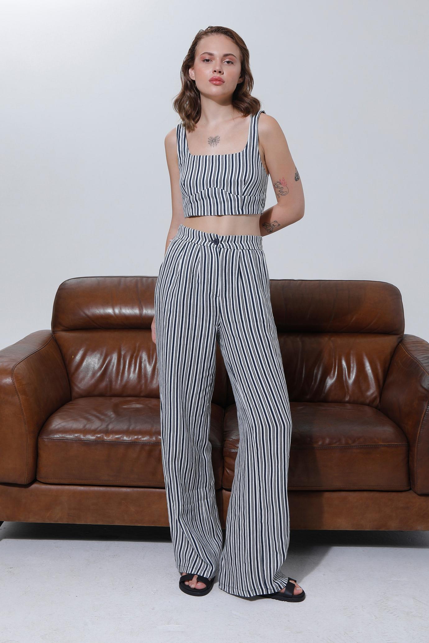 ÇİZGİLİ KETEN CROP PANTOLON TAKIM