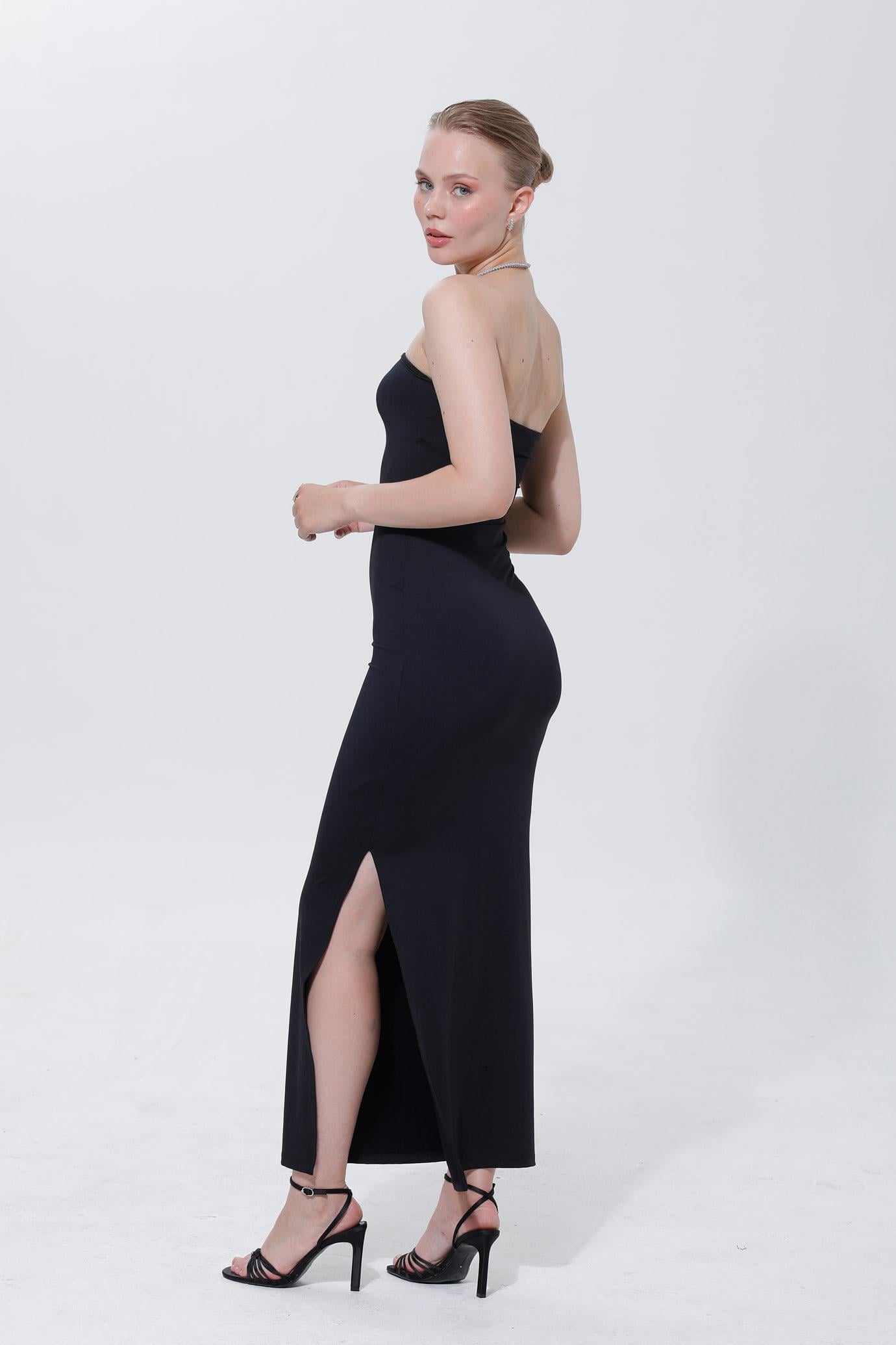 STRAPLEZ MİDİ PREMIUM ELBİSE-SİYAH