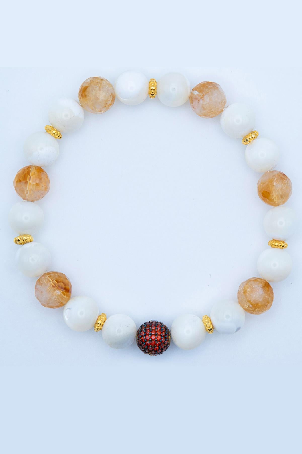 Neo Blanco 18K Altın Kaplama 925 Ayar Gümüş Unisex Bileklik, Faset Sitrin, Sedef ve Beyaz Doğal Taşlı Bileklik