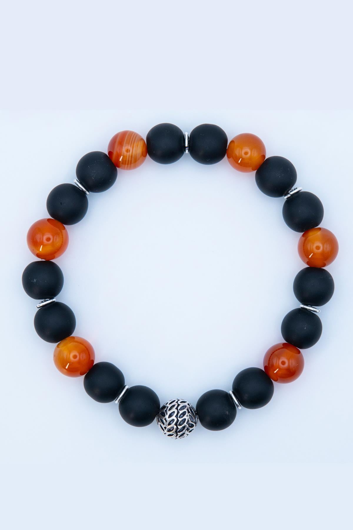 Neo Blanco 925 Ayar Gümüş Turuncu Siyah Bileklik, Carnelian Akik ve Mat Onix Doğal Taşlı Erkek Bileklik