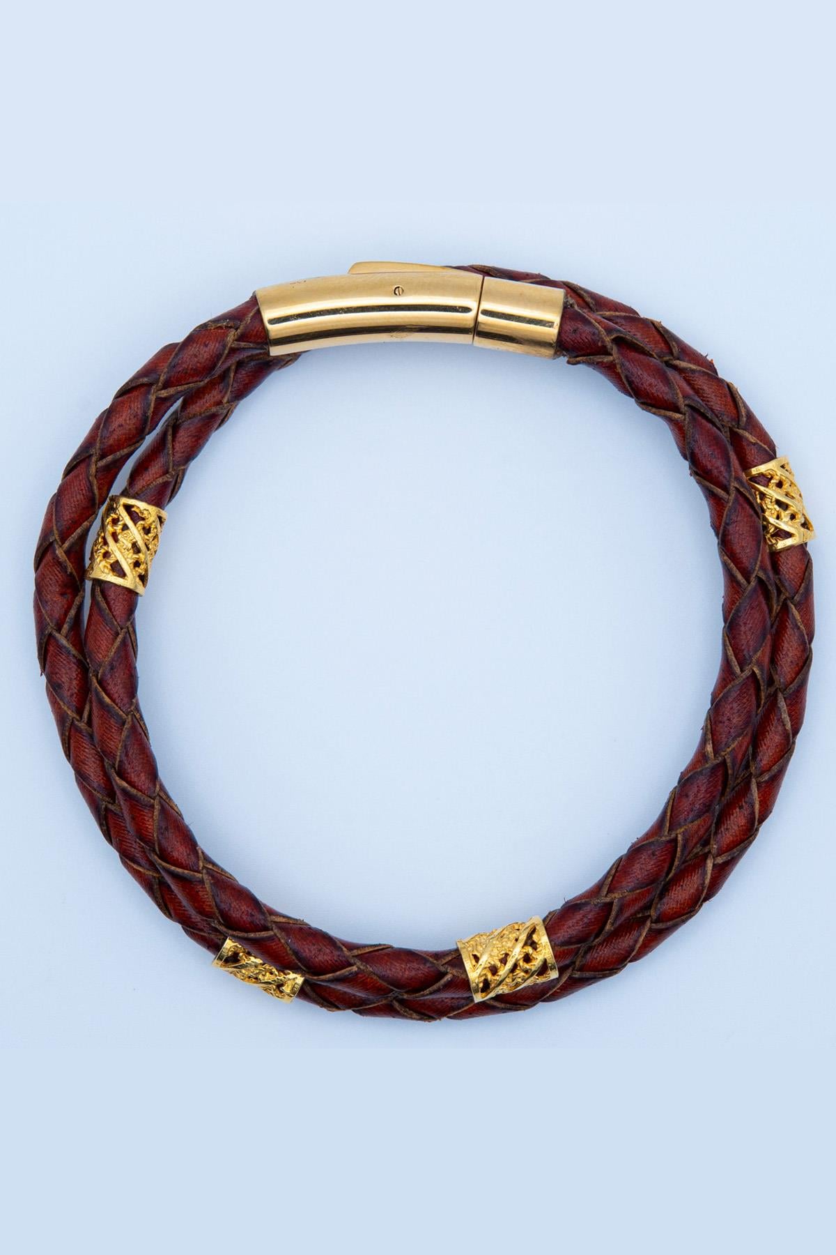 Neo Blanco Çift Sarma Taba Deri Bileklik, Altın Kaplama Erkek Deri Bileklik